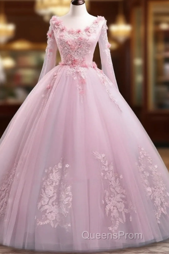 Beautiful Pink Flowers Long Formal Dress, Pink Sweet 16 Gown Party Dress Main image