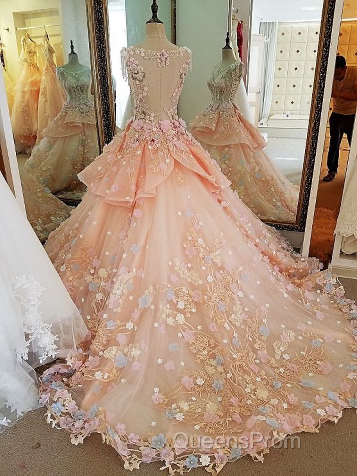 Beautiful Pink Flowers Round Neckline Sweet 16 Dress, Pink Quinceanera Dress