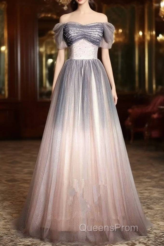 Beautiful Pink Gradient Beaded Sweetheart Long Evening Prom Dress, Tulle Evening Dress Main image