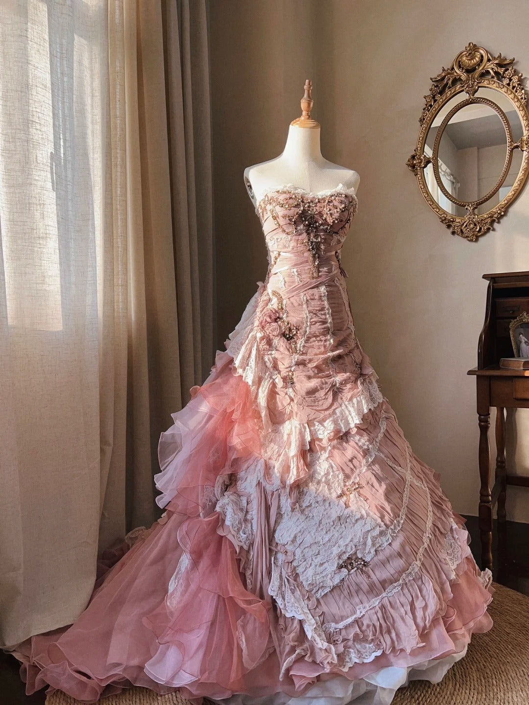 Beautiful Pink Rose Slim Skirt Pleated French Lace Mermaid Wedding Dress