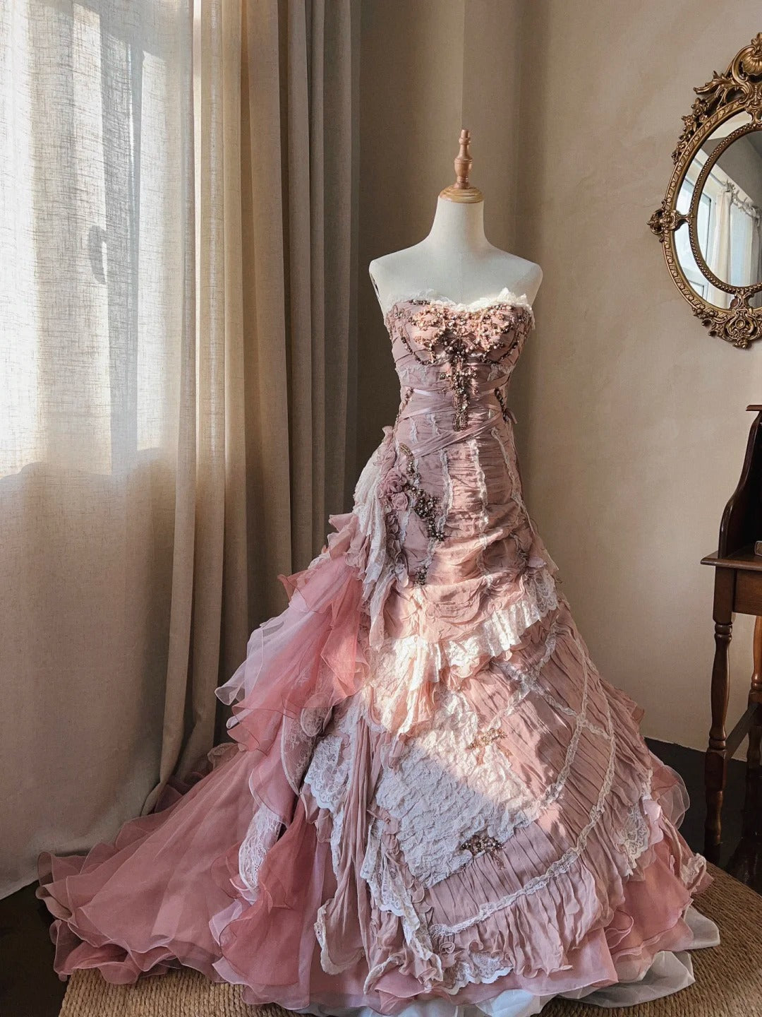 Beautiful Pink Rose Slim Skirt Pleated French Lace Mermaid Wedding Dress Main image