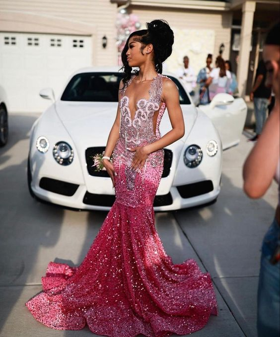 Beautiful Pink Sequin Beaded Mermaid Classy Evening Dress Classy Prom Dress
