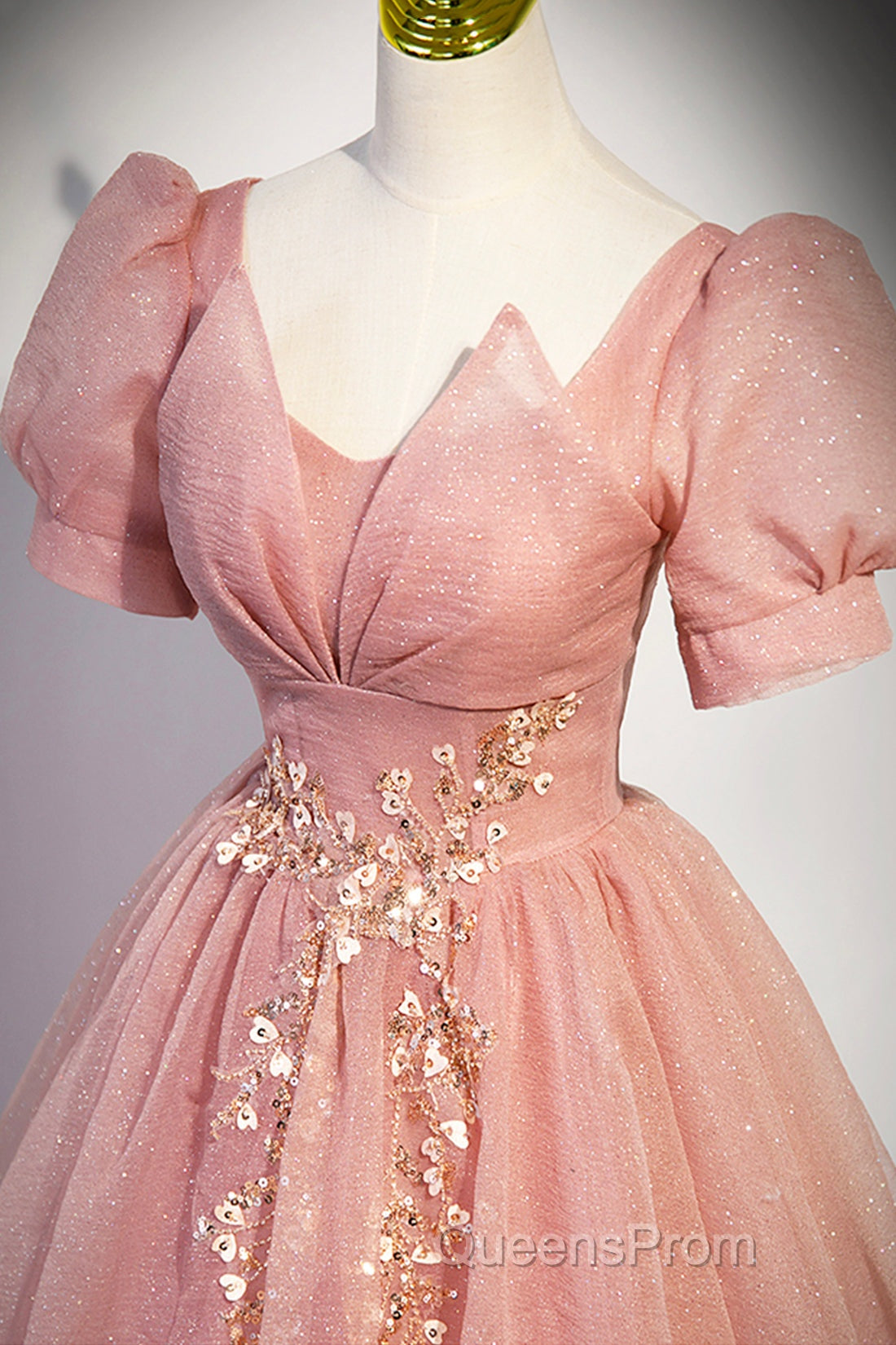 Beautiful Pink Tulle Floor Length Evening Prom Dress, Cute Short Sleeve Evening Dress Secondary image