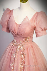 Beautiful Pink Tulle Floor Length Evening Prom Dress, Cute Short Sleeve Evening Dress