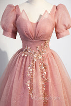 Beautiful Pink Tulle Floor Length Evening Prom Dress, Cute Short Sleeve Evening Dress