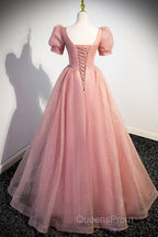 Beautiful Pink Tulle Floor Length Evening Prom Dress, Cute Short Sleeve Evening Dress