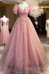 Beautiful Pink Tulle Floor Length Evening Prom Dress, Cute Short Sleeve Evening Dress