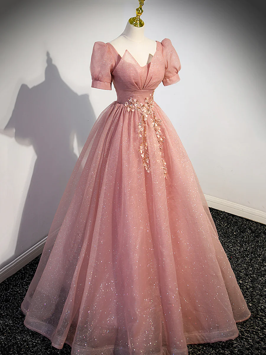 Beautiful Pink Tulle Floor Length Prom Dress with Short Sleeve