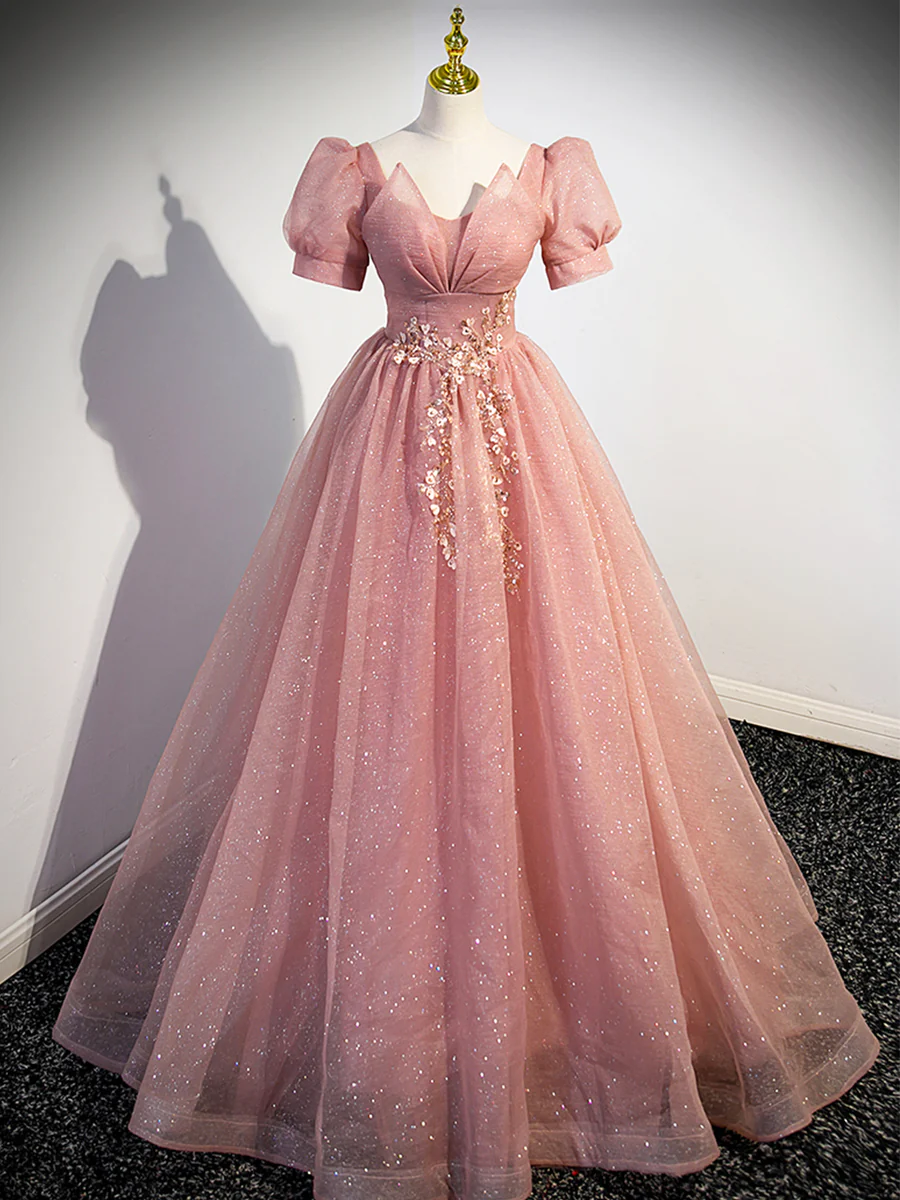 Beautiful Pink Tulle Floor Length Prom Dress with Short Sleeve Main image
