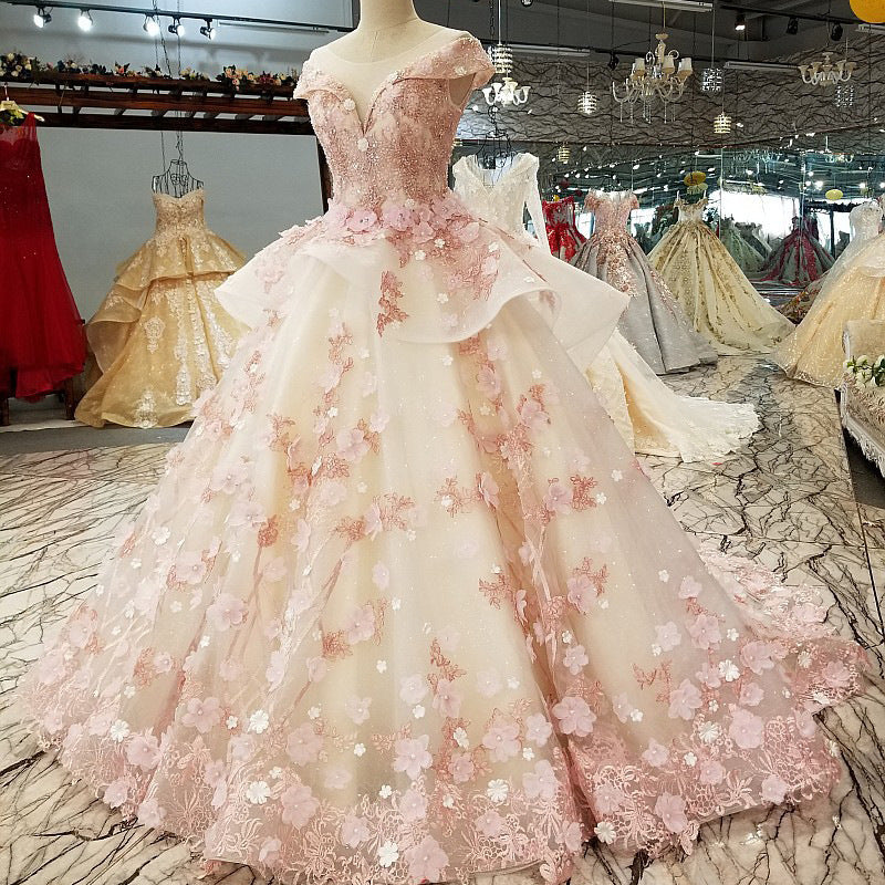 Beautiful Pink Tulle With Flowers And Beaded Long Party Dress, Pink Sweet 16 Gown Secondary image