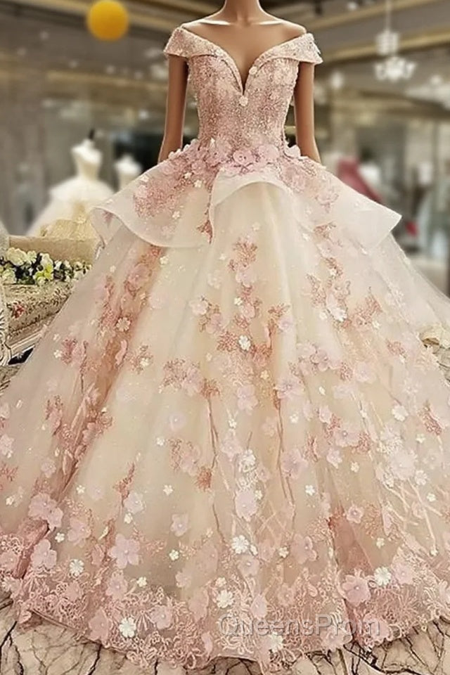 Beautiful Pink Tulle With Flowers And Beaded Long Party Dress, Pink Sweet 16 Gown Main image