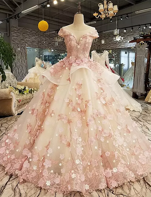Beautiful Pink Tulle With Flowers And Beaded Long Party Dress, Pink Sweet 16 Gown Main image