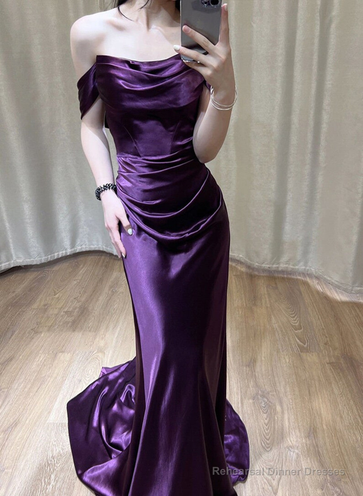 Beautiful Purple Satin Mermaid Off Shoulder Prom Dress, Purple Satin Evening Dress Secondary image