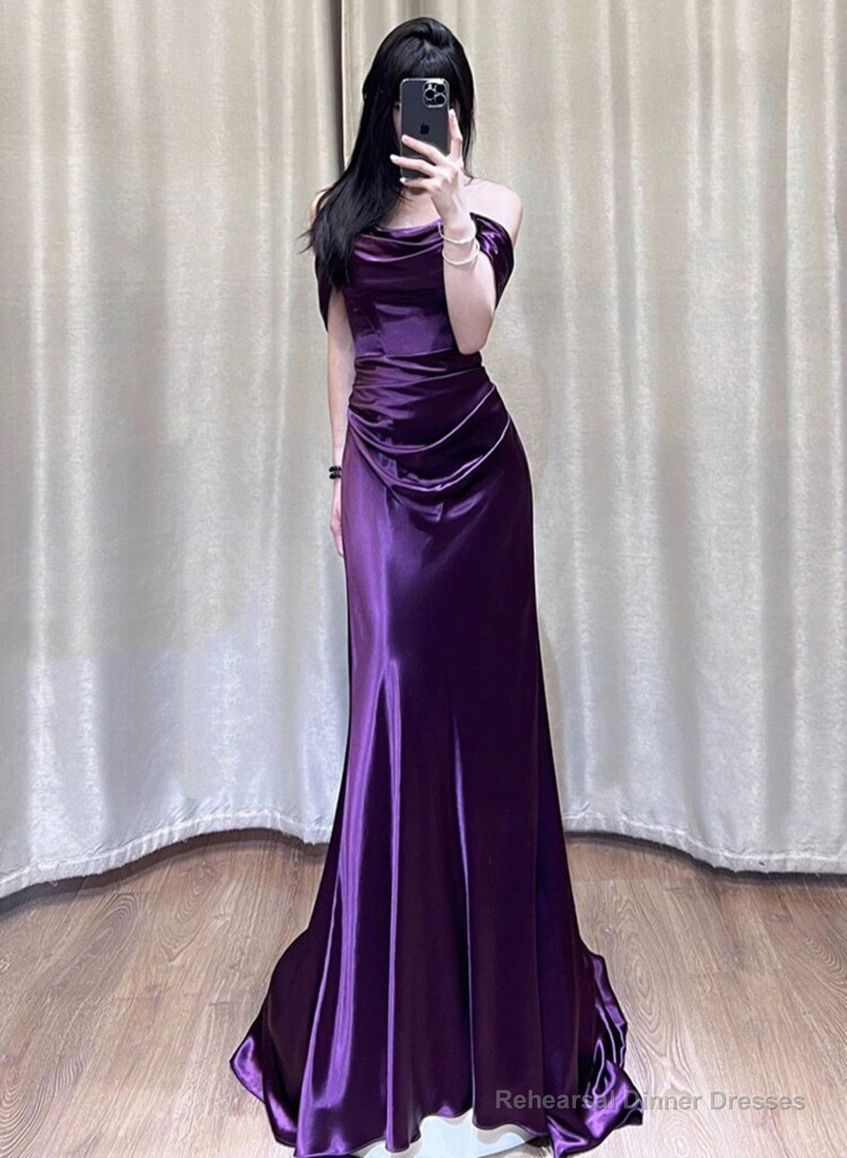 Beautiful Purple Satin Mermaid Off Shoulder Prom Dress, Purple Satin Evening Dress Main image