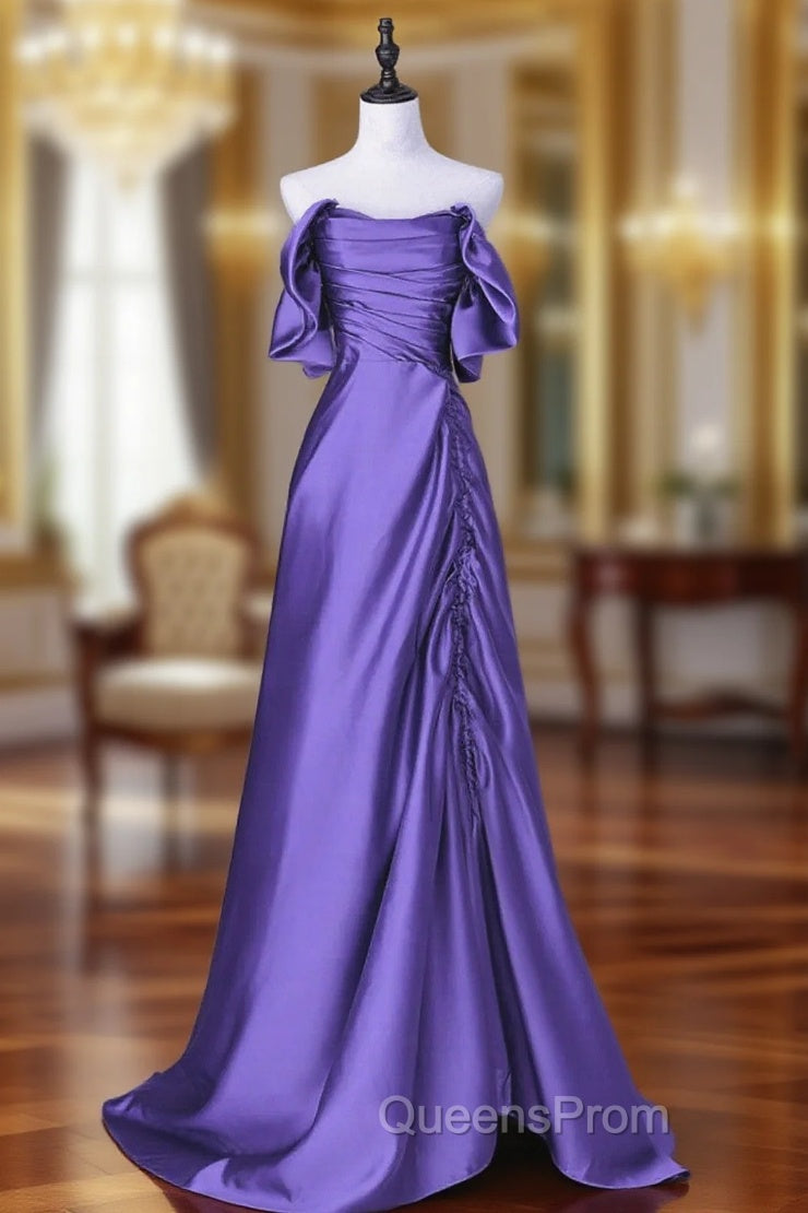 Beautiful Purple Satin Off Shoulder Evening Dress, Purple Satin Evening Dress Evening Prom Dress Main image