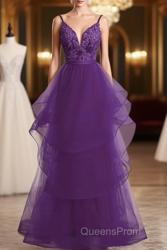 Beautiful Purple Tulle Layers With Lace Long Evening Dress, Purple Evening Prom Dress Party Dress Main image