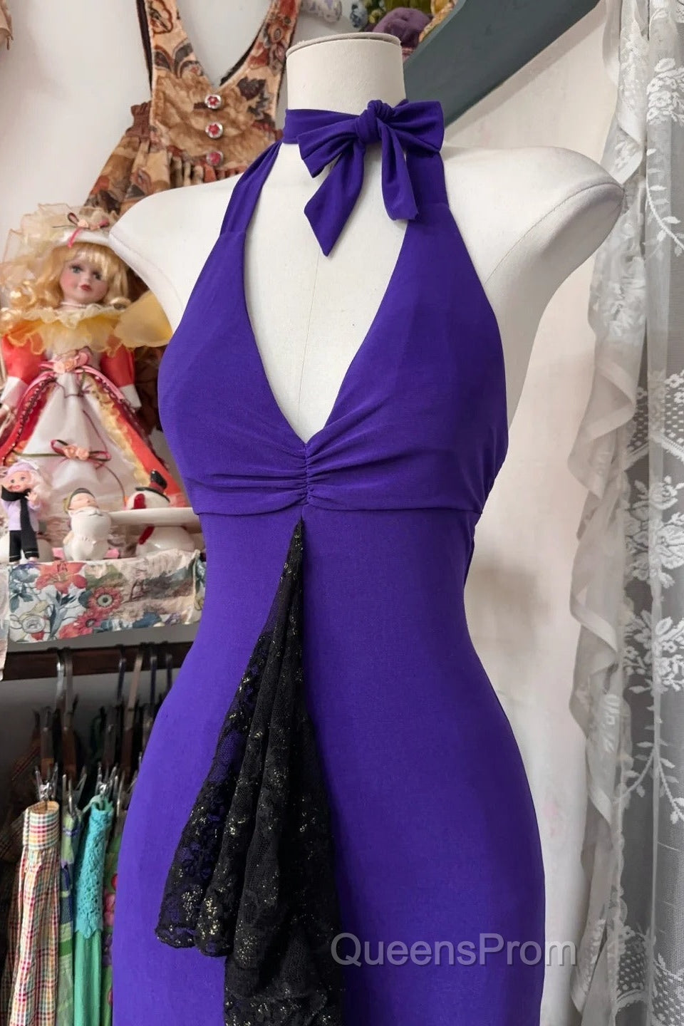 Beautiful Purple V-Neck Lace Mermaid Long Evening Prom Dress Backless Birthday Party Dress Secondary image