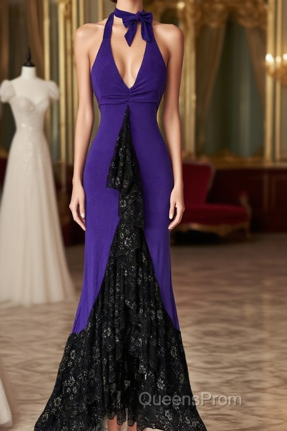 Beautiful Purple V-Neck Lace Mermaid Long Evening Prom Dress Backless Birthday Party Dress Main image