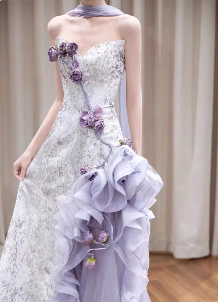 Beautiful Purple-White Gradient Strapless 3D Floral Tulle Satin Long Classy Prom Dress