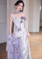Beautiful Purple-White Gradient Strapless 3D Floral Tulle Satin Long Classy Prom Dress
