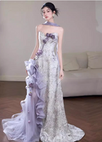 Beautiful Purple-White Gradient Strapless 3D Floral Tulle Satin Long Classy Prom Dress