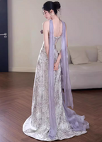 Beautiful Purple-White Gradient Strapless 3D Floral Tulle Satin Long Classy Prom Dress