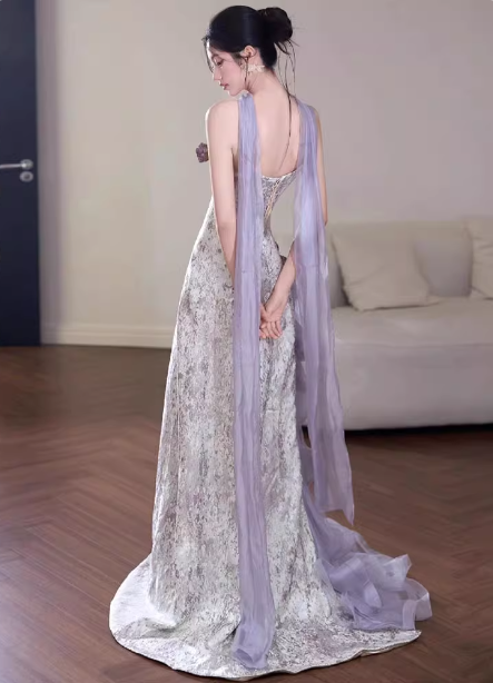 Beautiful Purple-White Gradient Strapless 3D Floral Tulle Satin Long Classy Prom Dress