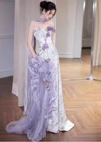 Beautiful Purple-White Gradient Strapless 3D Floral Tulle Satin Long Classy Prom Dress