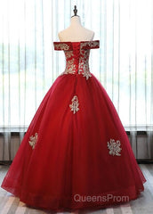 Beautiful Red Off Shoulder Long Sweet 16 Dress With Gold Lace Top, Party Dress