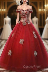 Beautiful Red Off Shoulder Long Sweet 16 Dress With Gold Lace Top, Party Dress