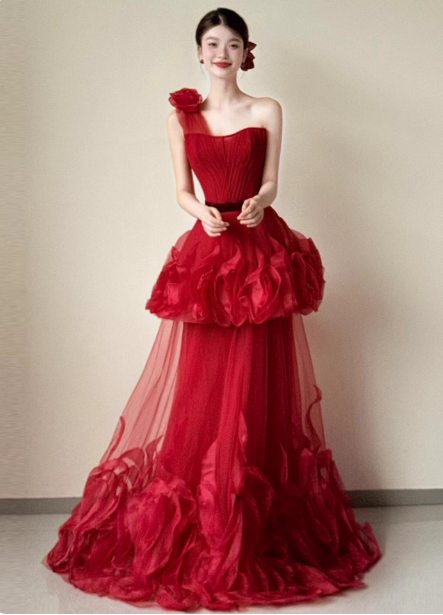 Beautiful Red One-Shoulder Strapless 3D Floral Layered Tiered Tulle Long Classy Prom Dress Secondary image