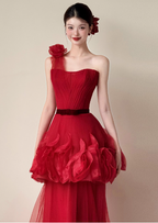 Beautiful Red One-Shoulder Strapless 3D Floral Layered Tiered Tulle Long Classy Prom Dress