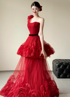 Beautiful Red One-Shoulder Strapless 3D Floral Layered Tiered Tulle Long Classy Prom Dress