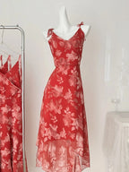 Beautiful Red Printed A-Line V-Neck Bow-Strap Chiffon Long Classy Prom Dress
