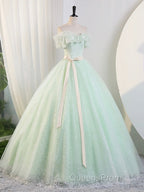 Beautiful Sage Green Tulle Floor Length Evening Prom Dress, A-Line Off The Shoulder Evening Part Dress