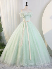 Beautiful Sage Green Tulle Floor Length Evening Prom Dress, A-Line Off The Shoulder Evening Part Dress