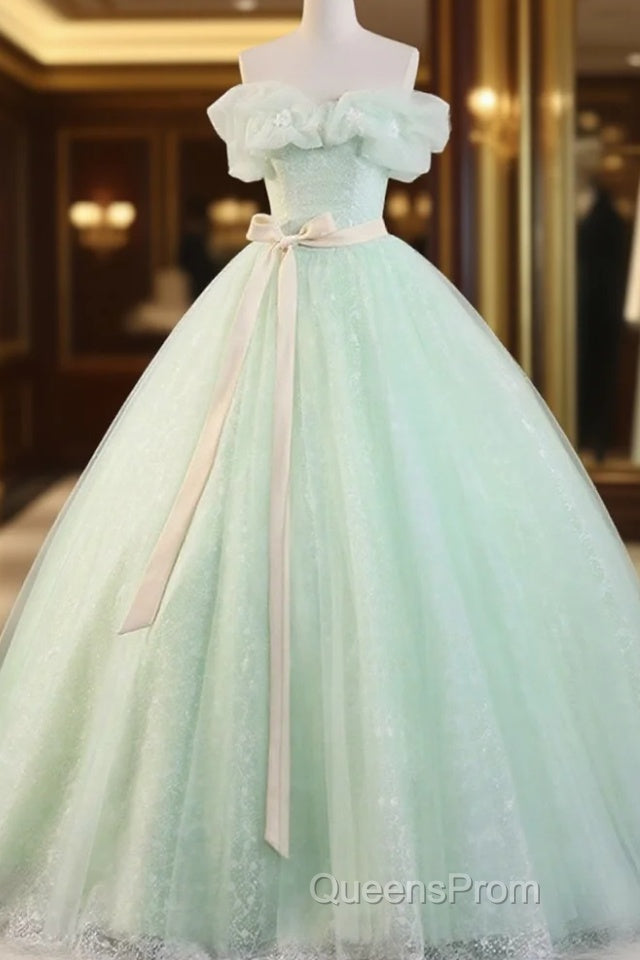 Beautiful Sage Green Tulle Floor Length Evening Prom Dress, A-Line Off The Shoulder Evening Part Dress Main image