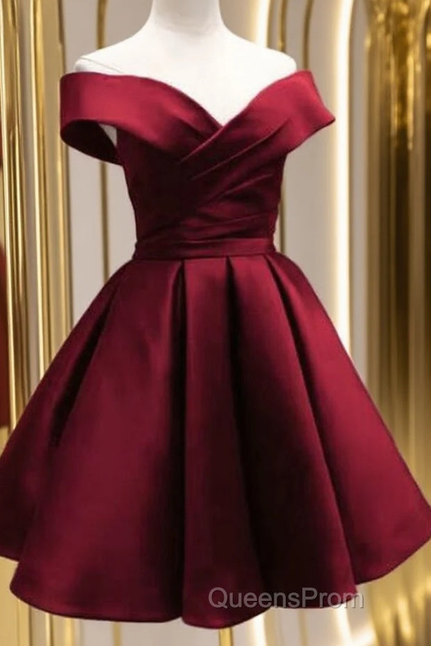Beautiful Satin Off Shoulder Lace-Up Knee Length Bridesmaid Dress , Short Homecoming Dress Main image