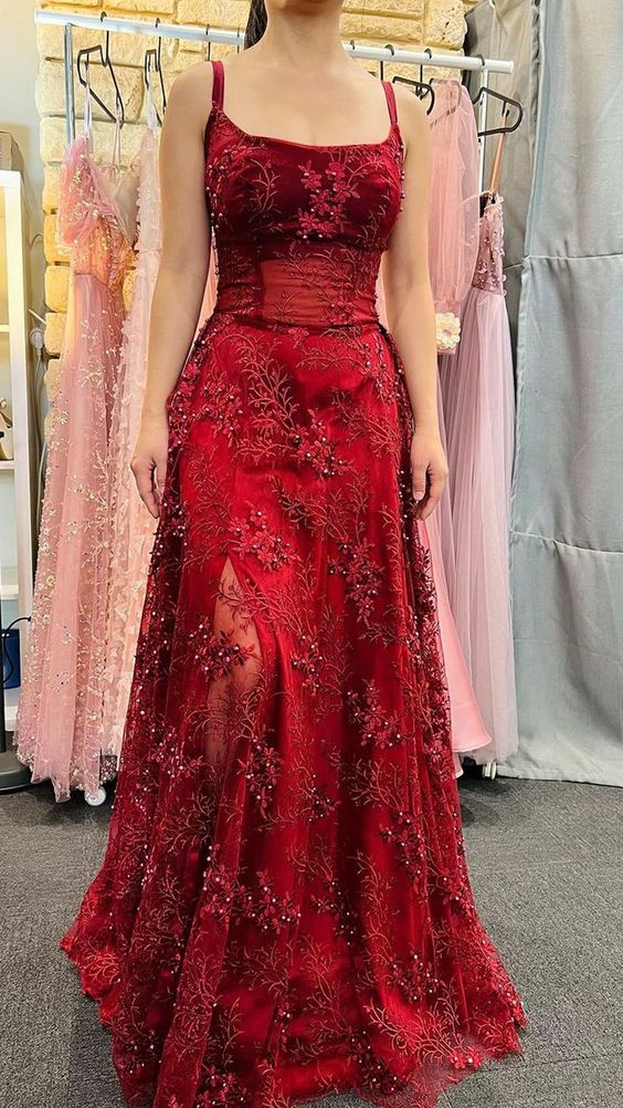 Beautiful Satin Spaghetti Straps Lace Appliques Classy Prom Dress Classy Evening Dress