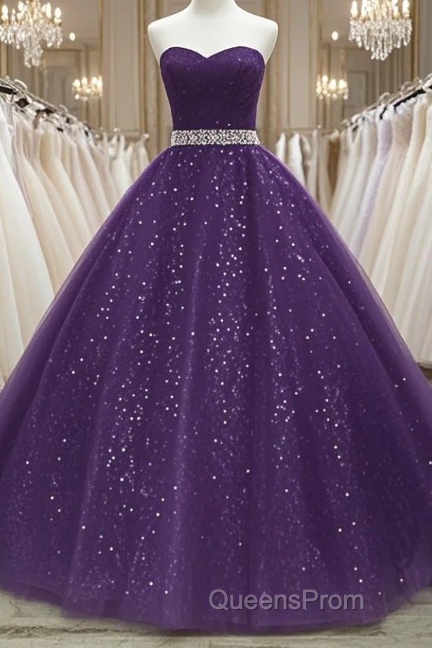 Beautiful Shiny Purple Tulle Beaded Ball Gonw Party Dress, Purple Evening Prom Dress Main image