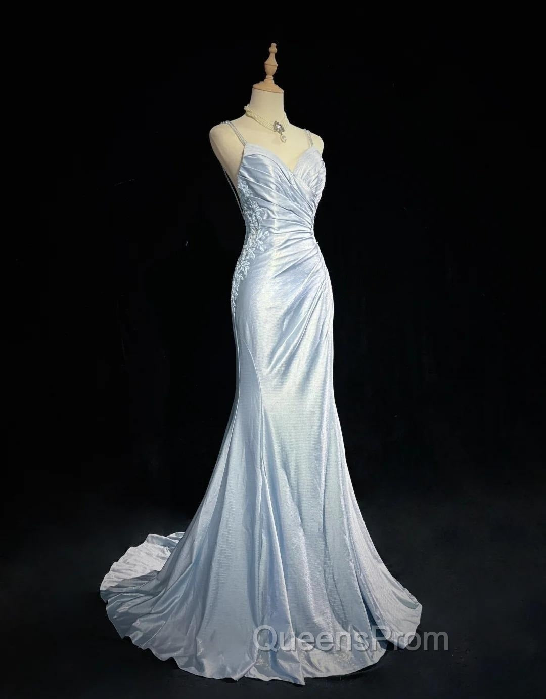 Beautiful Spaghetti Strap Mermaid Glitter Satin Long Evening Prom Backless Applique Evening Gown Simple Wedding Dress Secondary image