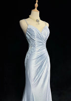 Beautiful Spaghetti Strap Mermaid Glitter Satin Long Classy Prom Backless Applique Classy Evening Gown Simple Wedding Dress
