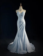 Beautiful Spaghetti Strap Mermaid Glitter Satin Long Evening Prom Backless Applique Evening Gown Simple Wedding Dress