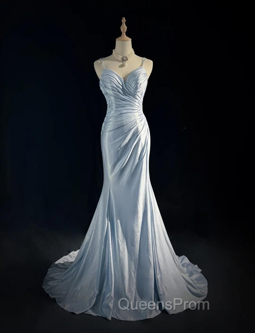 Beautiful Spaghetti Strap Mermaid Glitter Satin Long Evening Prom Backless Applique Evening Gown Simple Wedding Dress