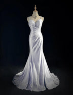 Beautiful Spaghetti Strap Mermaid Glitter Satin Long Classy Prom Backless Applique Classy Evening Gown Simple Wedding Dress