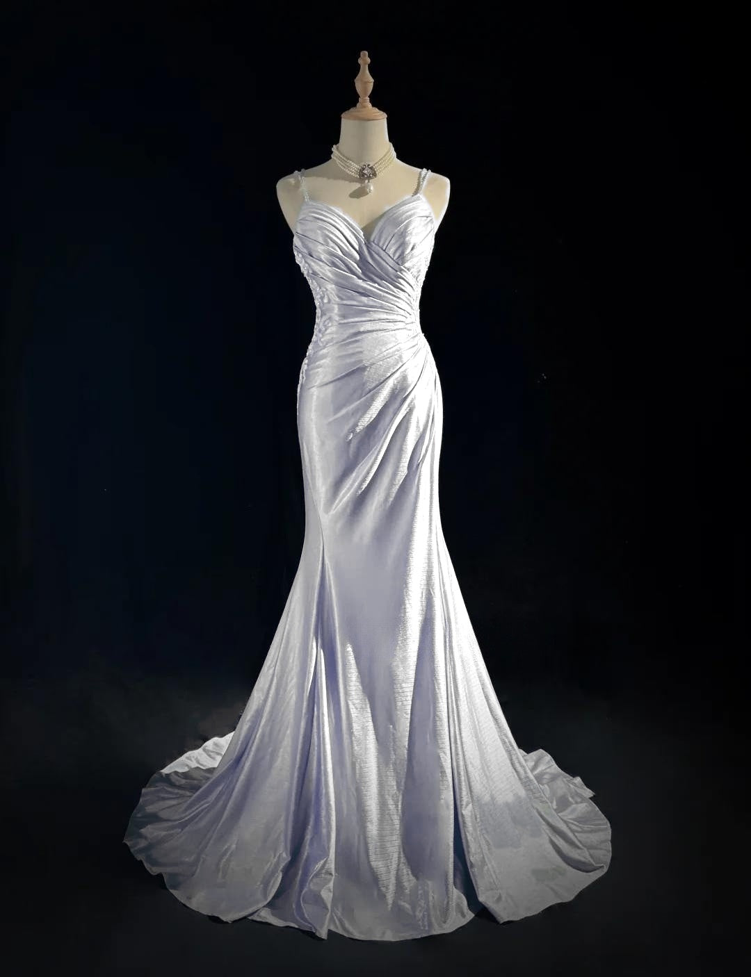 Beautiful Spaghetti Strap Mermaid Glitter Satin Long Classy Prom Backless Applique Classy Evening Gown Simple Wedding Dress