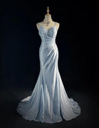 Beautiful Spaghetti Strap Mermaid Glitter Satin Long Classy Prom Backless Applique Classy Evening Gown Simple Wedding Dress