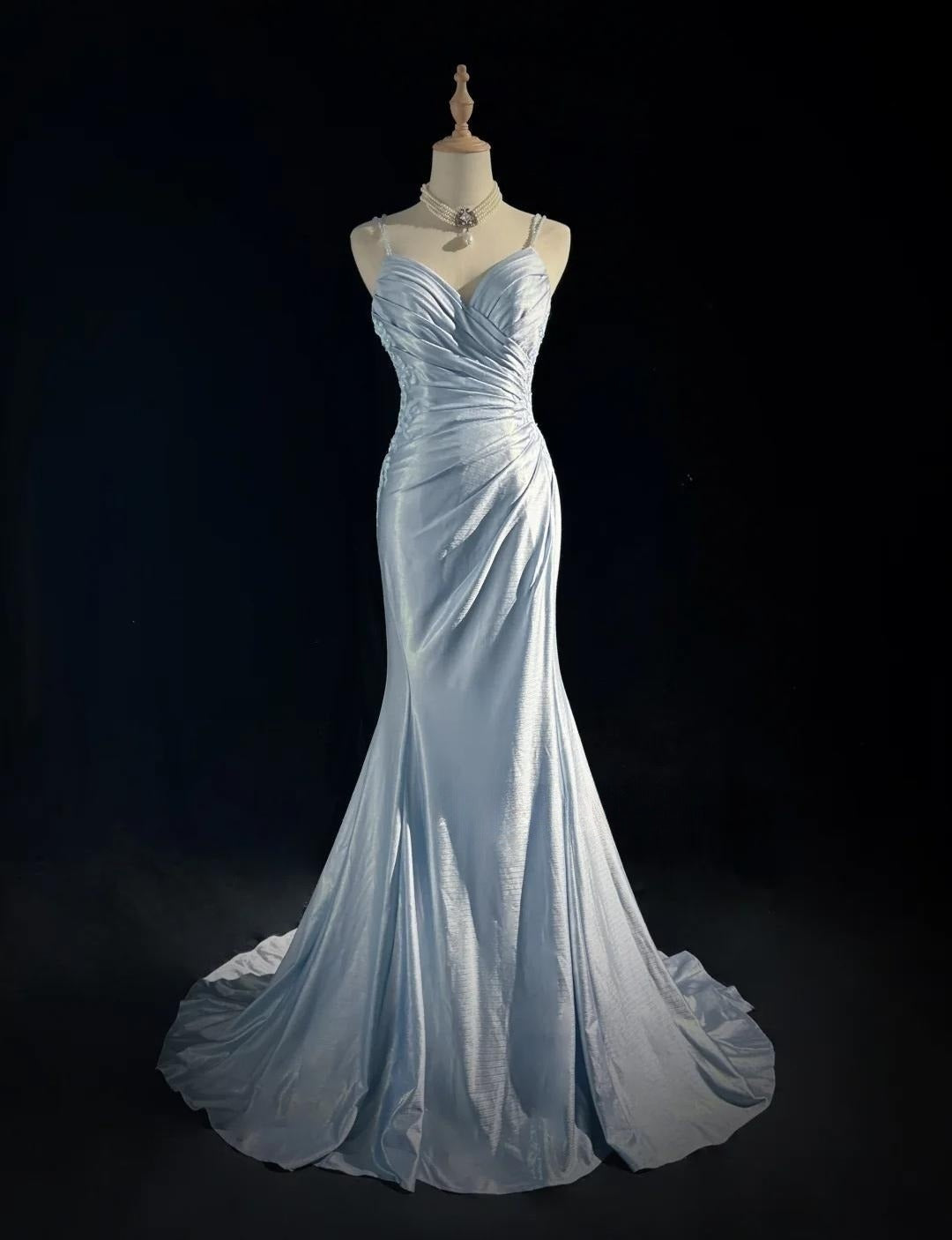 Beautiful Spaghetti Strap Mermaid Glitter Satin Long Classy Prom Backless Applique Classy Evening Gown Simple Wedding Dress