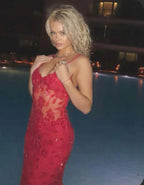 Red Fashion Sexy Elegant Lace Spaghetti Strap Long Birthday Party Dress Classy Prom Dress Classy Evening Dress