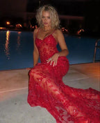 Red Fashion Sexy Elegant Lace Spaghetti Strap Long Birthday Party Dress Classy Prom Dress Classy Evening Dress